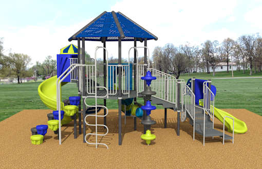A playground with a blue roof and yellow slides.