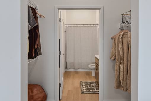 A white door with a curtain and a rug on the floor.