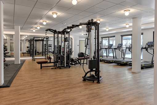 A gym with a variety of equipment including treadmills, weights, and exercise machines.
