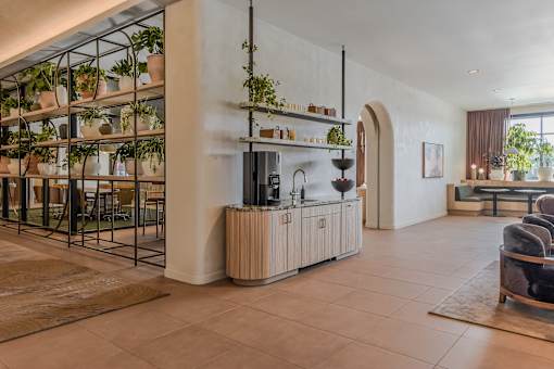 A living room with a large window, a fireplace, and a shelf with potted plants.