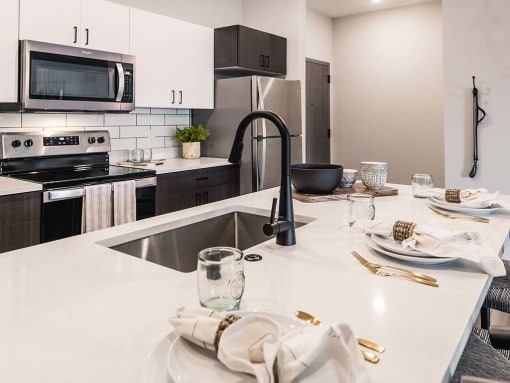 Kitchen area at Velo Village Apartments, Franklin, Wisconsin