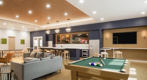 a lounge area with a pool table and a bar at The Commons at Rivertown, Grandville, MI