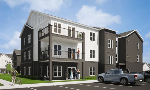 a rendering of a three story apartment building with people standing on a balcony at The Commons at Rivertown, Grandville