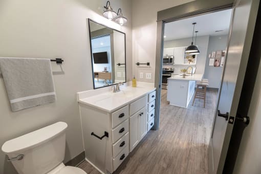 a bathroom with a large mirror and a toilet and a sink at The Commons at Rivertown, Grandville, Michigan, 49418