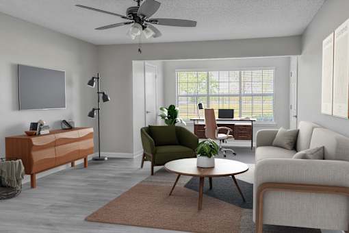 A living room with a green chair and a brown rug.