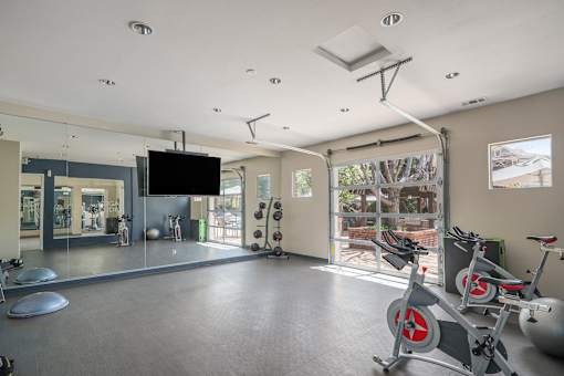 A spacious gym with a television, exercise equipment, and a view of the outdoors.