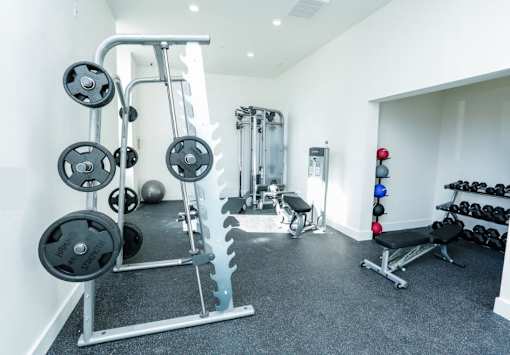 A well-equipped gym with a variety of weightlifting equipment.