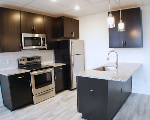 A kitchen with black cabinets and stainless steel appliances.