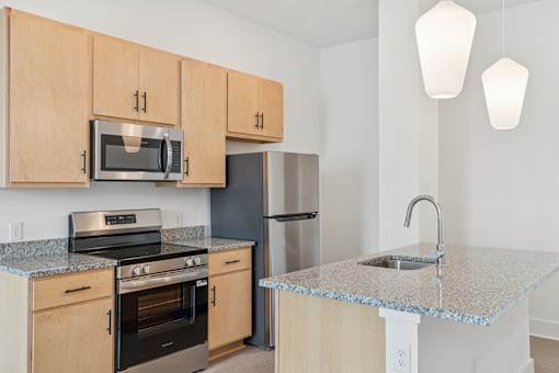 A kitchen with a granite countertop and stainless steel appliances.
