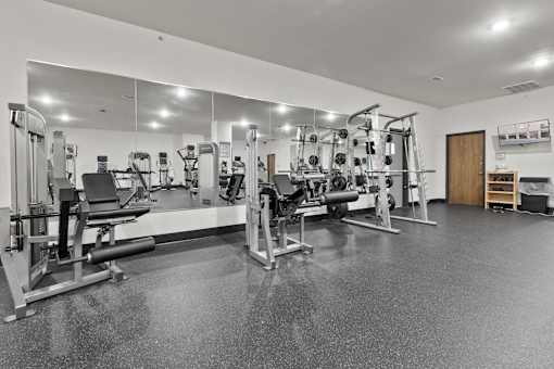 A spacious gym with a variety of equipment.