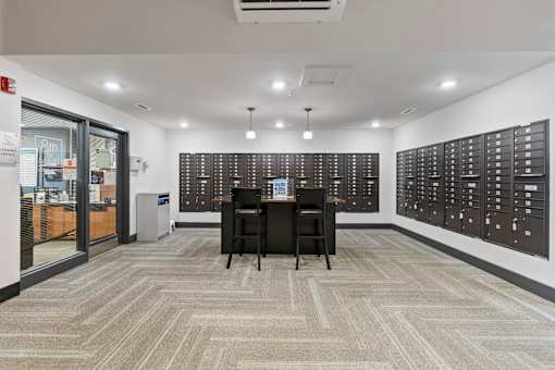 A room with a carpeted floor and a wall of black switches.