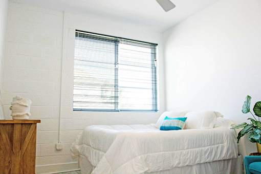 A white bedroom with a bed, pillows, a nightstand, and a plant.