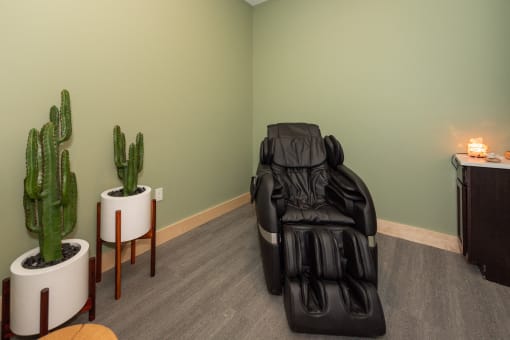 a massage chair in a room with a cactus and a plant at The Bend Arbordale, Williamsburg, VA