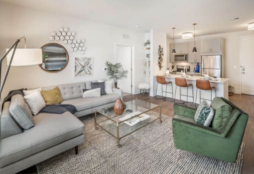 Living room with breakfast bar in the kitchen at Parc at Princeton Junction Apartments, New Jersey, 08540