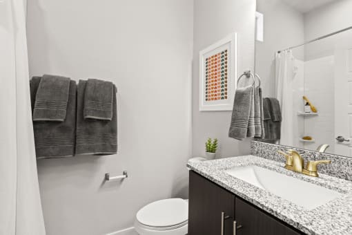 a bathroom with a toilet sink and mirror at The Villas at Prairie Center, Brighton, Colorado