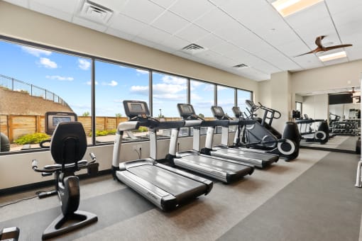 an image of a gym with cardio equipment and windows with a blue sky in the background