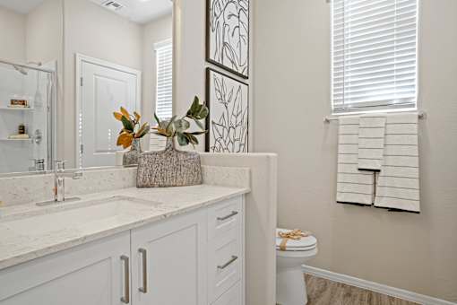 a bathroom with a sink and a toilet and a mirror at Soleil at Canyon Trails Apartments, Goodyear, 85338