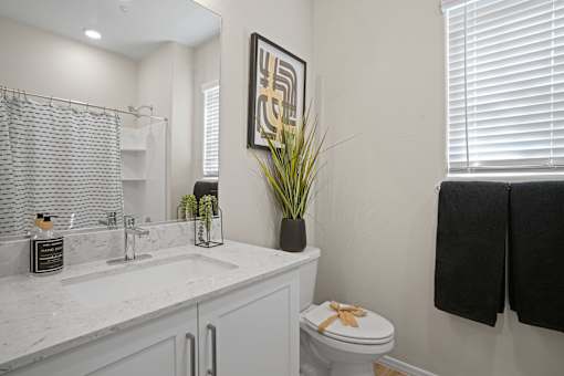 a bathroom with a sink and a toilet and a mirror at Soleil at Canyon Trails Apartments, Goodyear, AZ, 85338