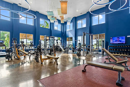 A gym with a variety of equipment including treadmills, weights, and exercise machines. at Centre Pointe Apartments, Melbourne, Florida
