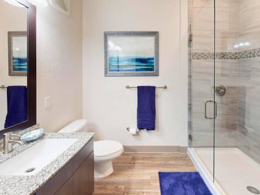 A bathroom with a toilet, sink, and shower. at Centre Pointe Apartments, Melbourne, Florida
