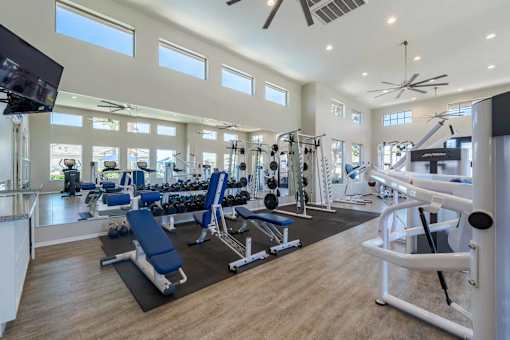 A spacious gym with a variety of equipment and a television mounted on the wall at Vistoria At Marley Park Apartments, Arizona