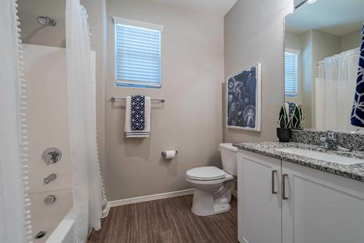 Full bathroom with tub shower combination at Vistoria On Mountain View Apartments, Surprise