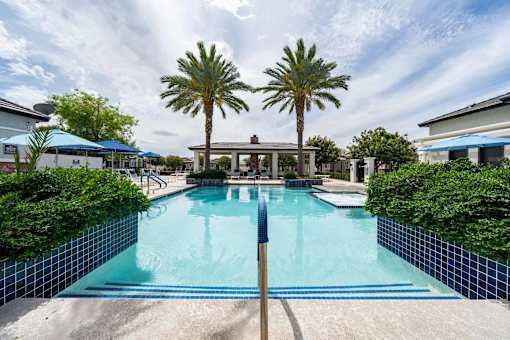 A swimming pool surrounded by palm trees and a blue sky.