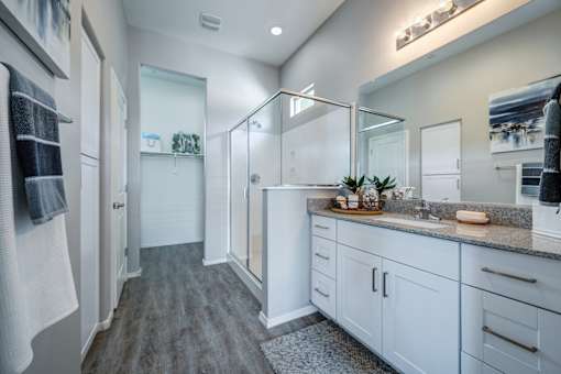 A bathroom with a walk-in shower and double vanity.