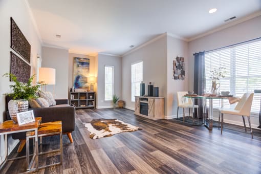 Expansive living room with wood style flooring