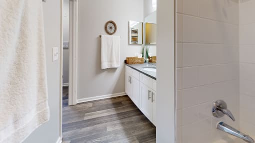 a bathroom with a shower and a sink and a mirror