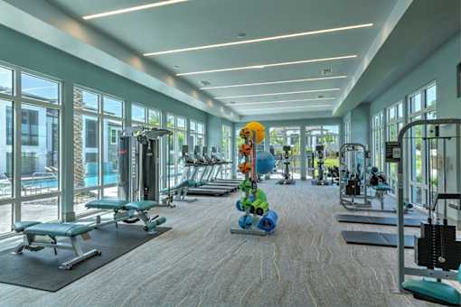 the gym in the lobby of the building at The Addison on Long Bayou Apartments, Seminole, Florida