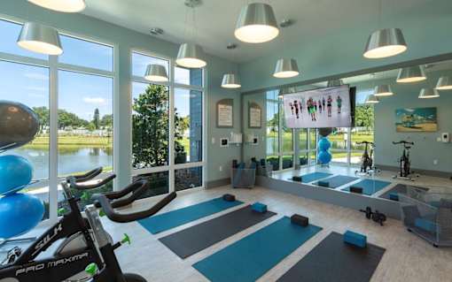 a home gym with a view of the water at The Addison on Long Bayou Apartments, Florida