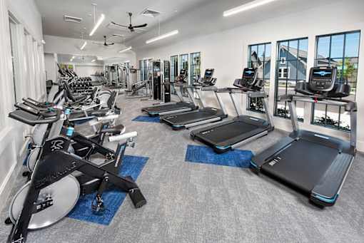 fitness center with bikes and treadmills at The Cottages at Old Monrovia Apartment, Huntsville, AL, 35806