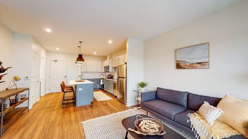 Living Room With Kitchen at The Arlow on Kellog, St. Paul, MN