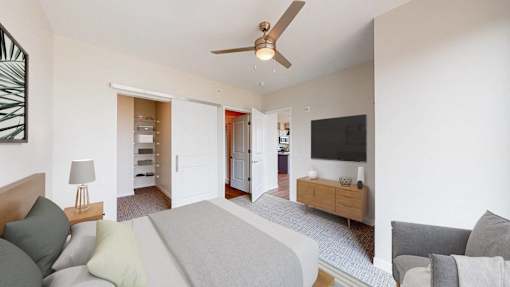 Bedroom With Ceiling Fan at The Arlow on Kellog, St. Paul, MN, 55102