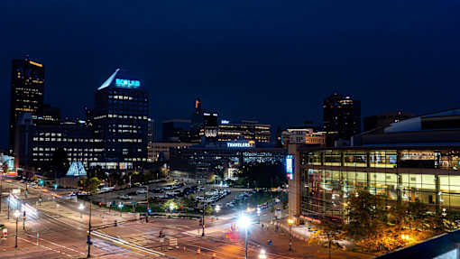 A cityscape at night at The Arlow on Kellog, St. Paul, MN