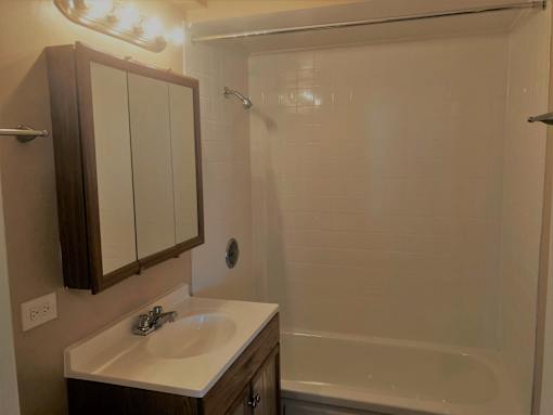 A bathroom with a sink, mirror, and shower.