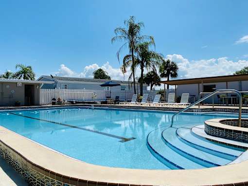 A large outdoor swimming pool with a sun lounger area and palm trees in the background.