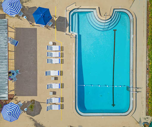A large blue swimming pool with a diving board and lounge chairs.