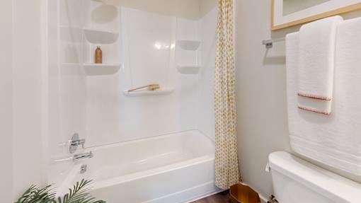 a bathroom with a shower and a sink and a tub at The Cottages at Old Monrovia Apartment , Huntsville
