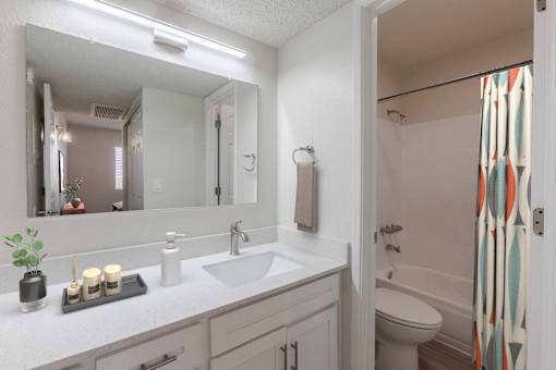 A bathroom with a white sink and a mirror above it.
