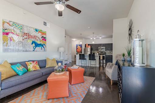 Living Room with Kitchen View and Furniture  at Legacy Brooks, San Antonio, 78223