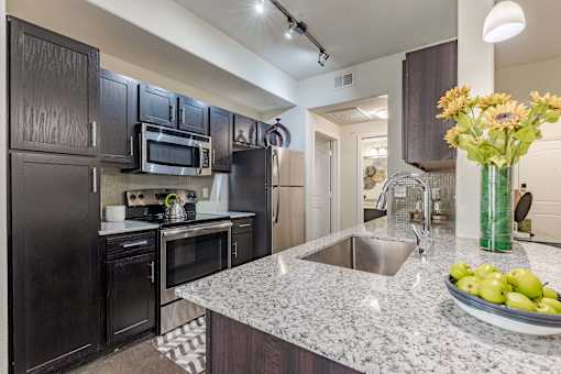 Kitchen Counter with Sink and Cabinetry with Decor  at Legacy Brooks, San Antonio