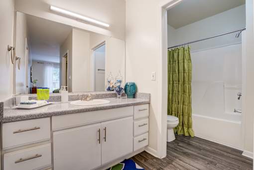 A bathroom with a white vanity and a green shower curtain.at Metro 5514, Texas