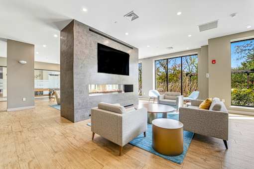 Modern Living Room with TV at The Aeronaut, Weymouth, Massachusetts