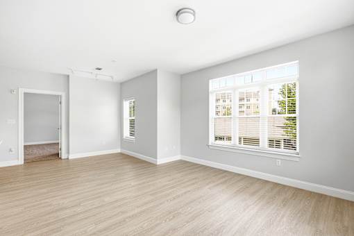 A room with a window showing a building and trees outside.