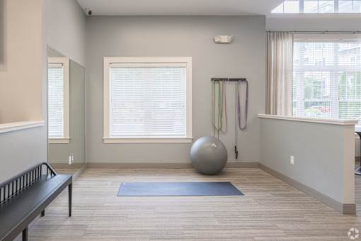 A room with a large exercise ball and a bench.