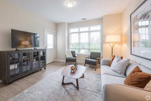 A living room with a grey sofa, a wooden coffee table, and a television.