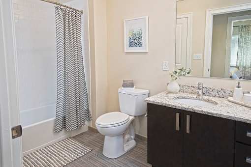 A bathroom with a toilet, sink, and shower curtain at Axis at Lakeshore Apartments, Bridgewater, MA 02324