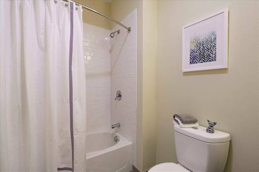 A white toilet sits next to a white bathtub in a bathroom at Axis at Lakeshore Apartments, Bridgewater, MA